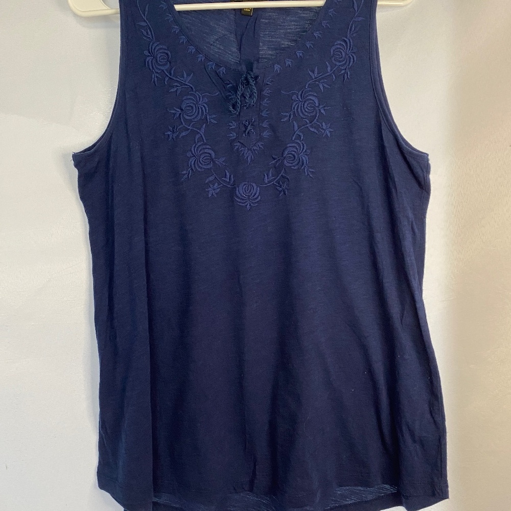Cupio Indigo Blue Sleeveless Blouse with Embroidered Detail Size L